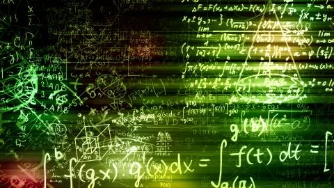 3D rendering of abstract blocks of mathematical formulas located in the virtu 写真素材