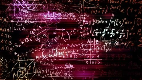 3D rendering of abstract blocks of mathematical formulas located in the virtu 写真素材
