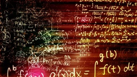 3D rendering of abstract blocks of mathematical formulas located in the virtu 写真素材