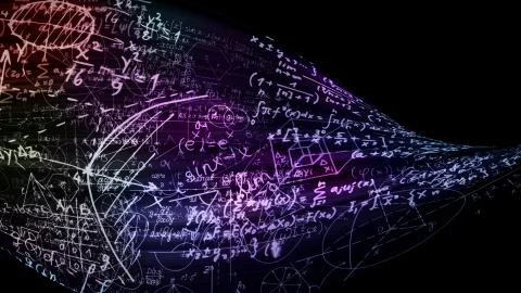 3D rendering of abstract blocks of mathematical formulas located in the virtu 写真素材