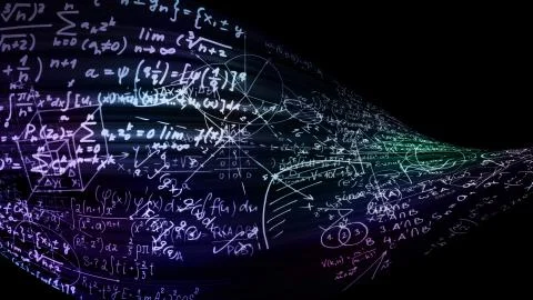 3D rendering of abstract blocks of mathematical formulas located in the virtu 写真素材