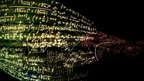 3D rendering of abstract blocks of mathematical formulas located in the virtu 写真素材