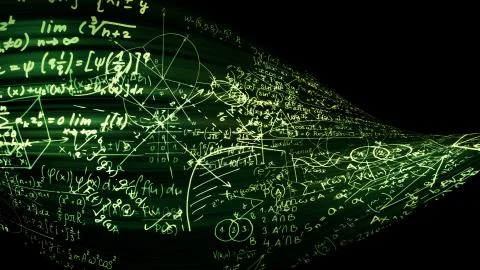 3D rendering of abstract blocks of mathematical formulas located in the virtu Stock Photos