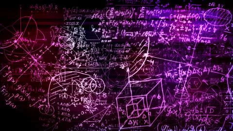 3D rendering of abstract blocks of mathematical formulas located in the virtu 写真素材