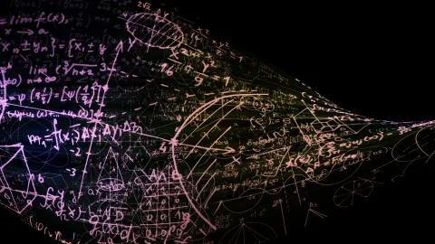 3D rendering of abstract blocks of mathematical formulas located in the virtu Stock Photos