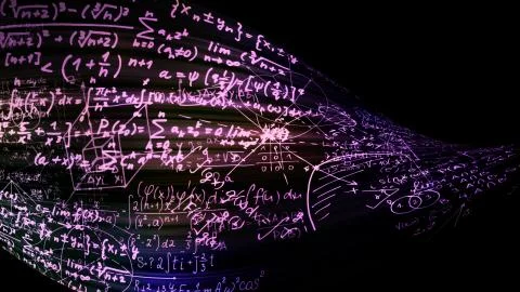 3D rendering of abstract blocks of mathematical formulas located in the virtu Stock Photos