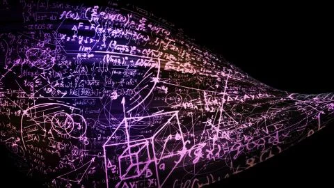 3D rendering of abstract blocks of mathematical formulas located in the virtu Foto stock