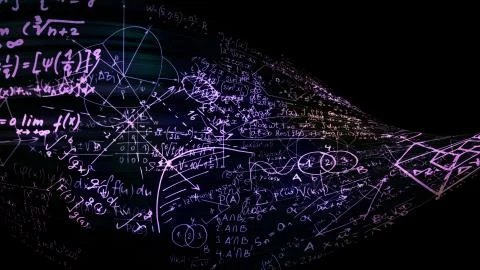 3D rendering of abstract blocks of mathematical formulas located in the virtu Stock Photos