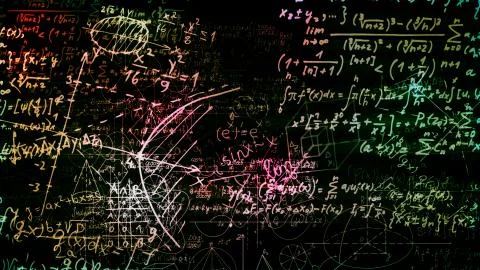 3D rendering of abstract blocks of mathematical formulas located in the virtu Stock Photos