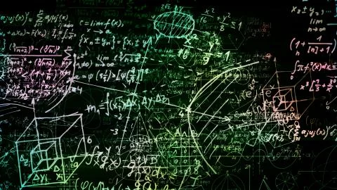 3D rendering of abstract blocks of mathematical formulas located in the virtu Stock Photos