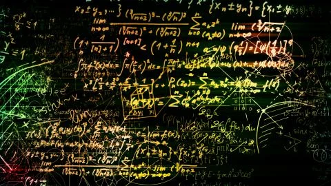 3D rendering of abstract blocks of mathematical formulas located in the virtu Stock Photos