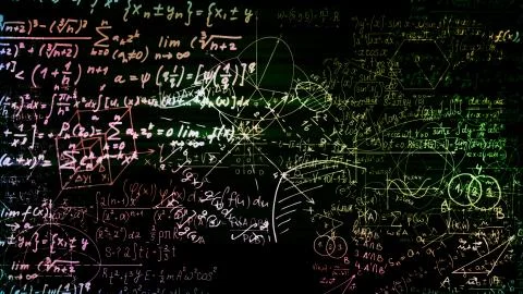 3D rendering of abstract blocks of mathematical formulas located in the virtu Stock Photos