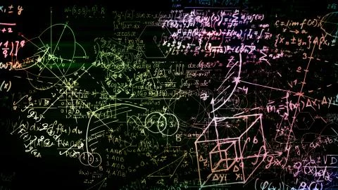 3D rendering of abstract blocks of mathematical formulas located in the virtu Stock Photos