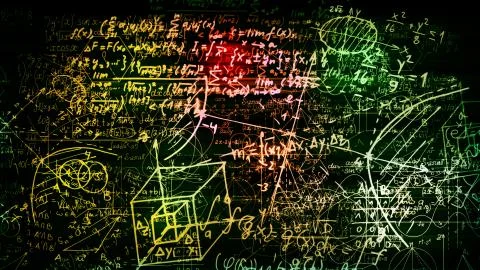 3D rendering of abstract blocks of mathematical formulas located in the virtu Stock Photos