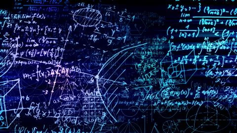 3D rendering of abstract blocks of mathematical formulas located in the virtu Stock Photos