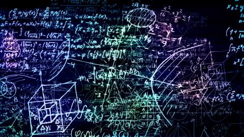 3D rendering of abstract blocks of mathematical formulas located in the virtu Stock Photos