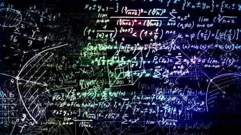 3D rendering of abstract blocks of mathematical formulas located in the virtu Stock Photos