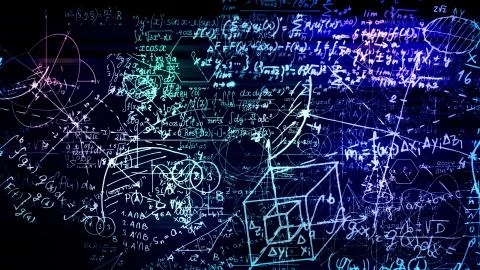 3D rendering of abstract blocks of mathematical formulas located in the virtu Stock Photos
