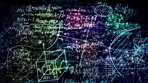 3D rendering of abstract blocks of mathematical formulas located in the virtu Stock Photos