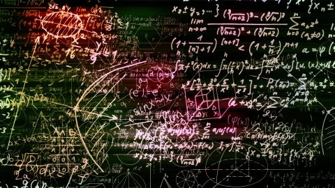 3D rendering of abstract blocks of mathematical formulas located in the virtu Stock Photos