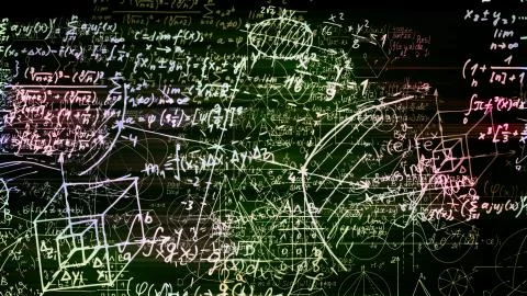 3D rendering of abstract blocks of mathematical formulas located in the virtu Stock Photos