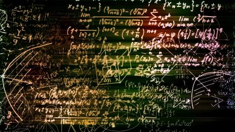 3D rendering of abstract blocks of mathematical formulas located in the virtu Stock Photos