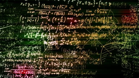 3D rendering of abstract blocks of mathematical formulas located in the virtu Stock Photos