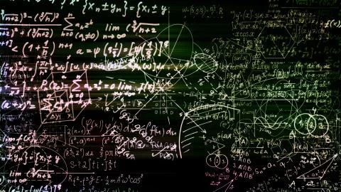 3D rendering of abstract blocks of mathematical formulas located in the virtu Stock Photos