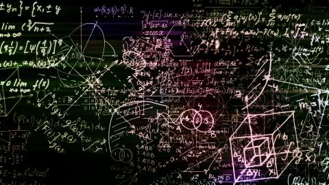 3D rendering of abstract blocks of mathematical formulas located in the virtu Stock Photos