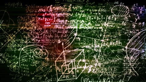 3D rendering of abstract blocks of mathematical formulas located in the virtu Stock Photos