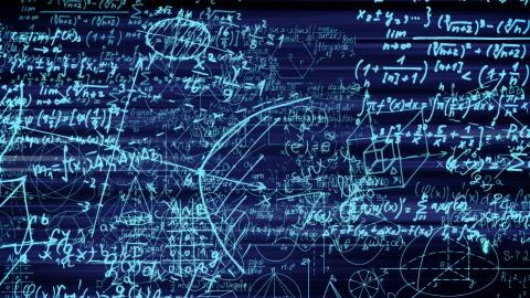 3D rendering of abstract blocks of mathematical formulas located in the virtu Stock Photos