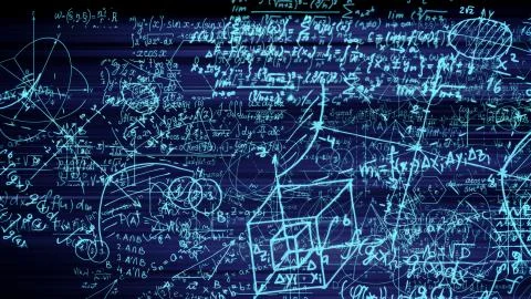3D rendering of abstract blocks of mathematical formulas located in the virtu Stock Photos