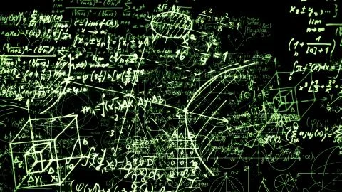 3D rendering of abstract blocks of mathematical formulas located in the virtu Stock Photos