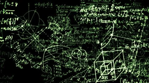 3D rendering of abstract blocks of mathematical formulas located in the virtu Stock Photos