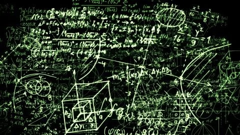 3D rendering of abstract blocks of mathematical formulas located in the virtu Stock Photos