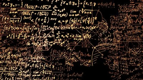 3D rendering of abstract blocks of mathematical formulas located in the virtu Stock Photos