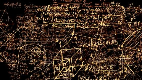 3D rendering of abstract blocks of mathematical formulas located in the virtu Stock Photos