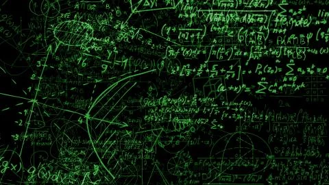 3D rendering of abstract blocks of mathematical formulas located in the virtu Stock Photos