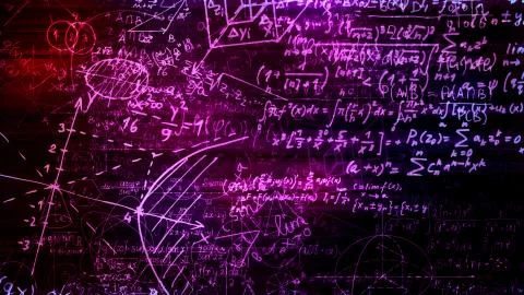 3D rendering of abstract blocks of mathematical formulas located in the virtu Stock Photos