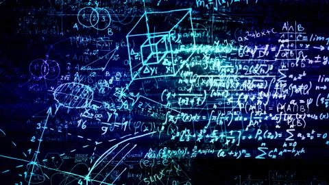 3D rendering of abstract blocks of mathematical formulas located in the virtu Stock Photos