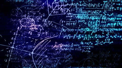 3D rendering of abstract blocks of mathematical formulas located in the virtu Stock Photos