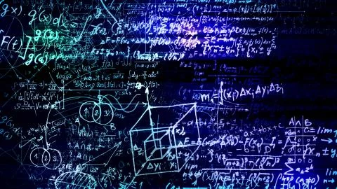 3D rendering of abstract blocks of mathematical formulas located in the virtu Stock Photos