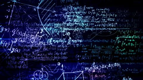 3D rendering of abstract blocks of mathematical formulas located in the virtu Stock Photos