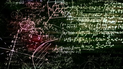 3D rendering of abstract blocks of mathematical formulas located in the virtu Stock Photos