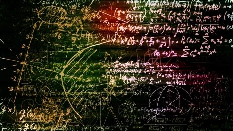 3D rendering of abstract blocks of mathematical formulas located in the virtu Stock Photos