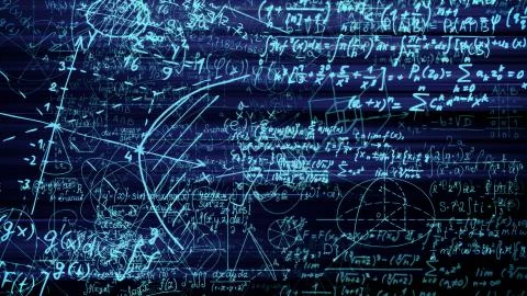 3D rendering of abstract blocks of mathematical formulas located in the virtu Stock Photos