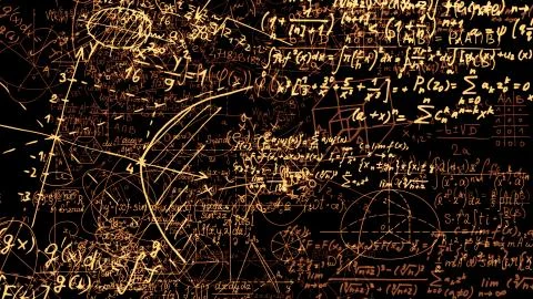 3D rendering of abstract blocks of mathematical formulas located in the virtu Stock Photos