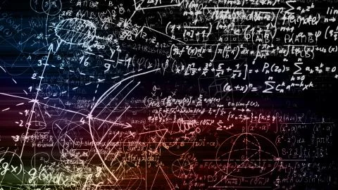 3D rendering of abstract blocks of mathematical formulas located in the virtu Stock Photos
