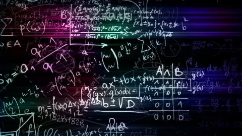 3D rendering of abstract blocks of mathematical formulas located in the virtu Stock Photos