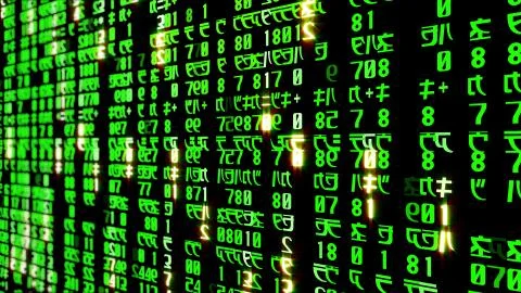 3D rendering of abstract blocks of matrix code located in the virtual space Illustrazione stock